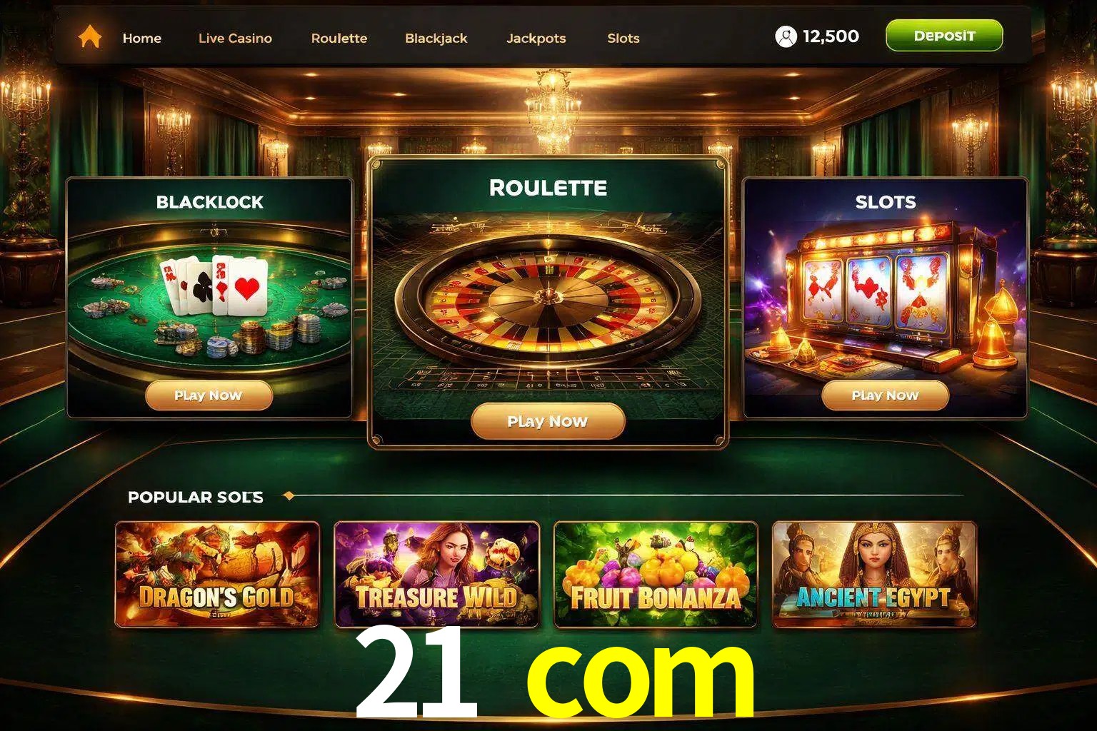 Vista de la plataforma 21 com Casino mostrando categorías organizadas de juegos en línea