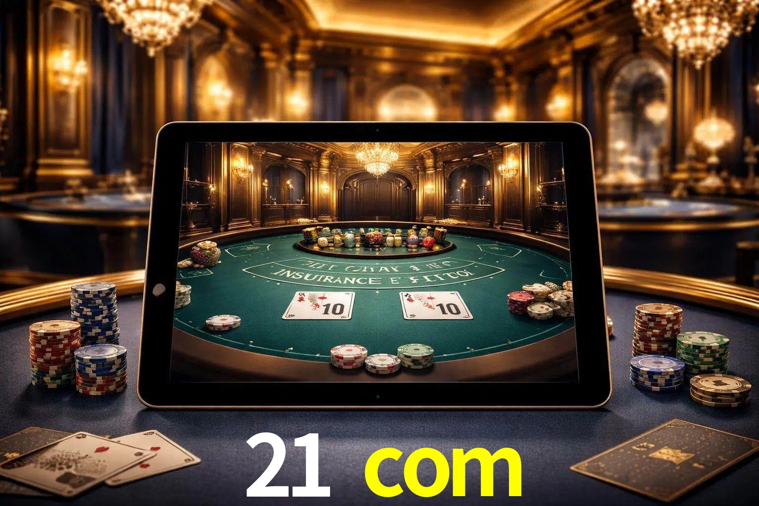 Configuración moderna de casino en vivo con una tableta mostrando una mesa de blackjack, luces cálidas de estudio y una atmósfera elegante de juegos digitales.